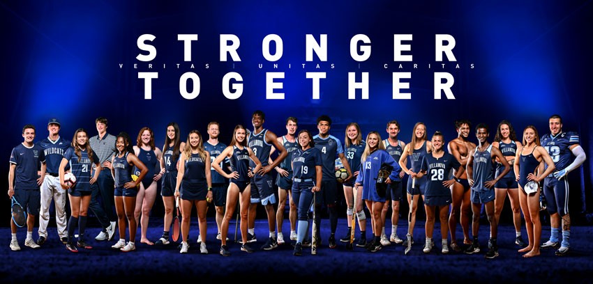 无码专区's male and female athletes are standing together in a line with the heading "Stronger Together"